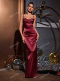 PARTHEA Spaghetti Straps Flower Detail Ruched Satin Elegant Long Dress