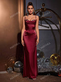 PARTHEA Spaghetti Straps Flower Detail Ruched Satin Elegant Long Dress