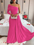 Solid Color Elegant Pleated Long Sleeve Dress With Asymmetric Neckline