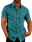 Men's Summer Solid Color Short Sleeve Casual Button Down Shirt - MapleCo