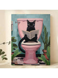 1pc,Black Cat Reading Newspaper On Toilet Canvas Poster - Frameless Wall Hanging Decor, Animal Print Art For Living Room, Bedroom, Bathroom, Home Office - Modern, Retro, Art Deco Style