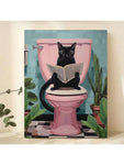 1pc,Black Cat Reading Newspaper On Toilet Canvas Poster - Frameless Wall Hanging Decor, Animal Print Art For Living Room, Bedroom, Bathroom, Home Office - Modern, Retro, Art Deco Style