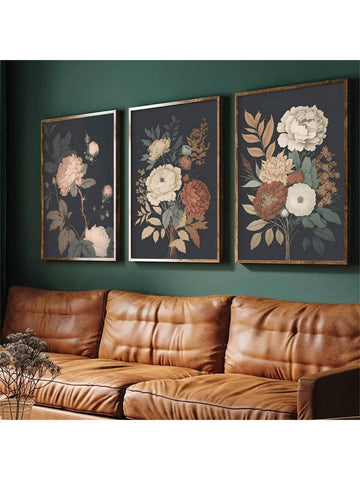 3pcs/Set Finished Framed, Vintage Dark Floral Canvas Wall Art - Vintage Unframed Poster, Wall Art For Elegant Home Decor - Chic Bedroom, Living Room And Hallway Aesthetics - Seasonal Gift - MapleCo