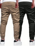 Manfinity Homme Men's 2Pcs Casual Drawstring Waist Slant Pocket Jogger Pants Long Slacks Plain Khaki Going Out - MapleCo