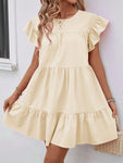 SHEIN Holidaya Women Summer Solid Color Round Neck Loose Babydoll Dress With Ruffle Trim