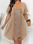 SHEIN Clasi Plus Size Women'S Sparkle Patchwork Short Sleeve Dress