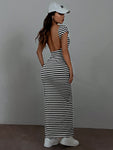 SHEIN EZwear Summer Casual Striped Knitted Bodycon Dress With Open Back