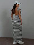 SHEIN EZwear Summer Casual Striped Knitted Bodycon Dress With Open Back