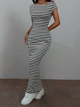 SHEIN EZwear Summer Casual Striped Knitted Bodycon Dress With Open Back