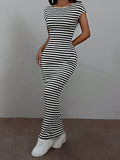 SHEIN EZwear Summer Casual Striped Knitted Bodycon Dress With Open Back