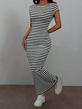 SHEIN EZwear Summer Casual Striped Knitted Bodycon Dress With Open Back