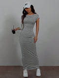 SHEIN EZwear Summer Casual Striped Knitted Bodycon Dress With Open Back