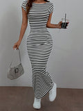 SHEIN EZwear Summer Casual Striped Knitted Bodycon Dress With Open Back