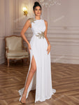 Premium Elegant 3D Flower High Slit Evening Dress Gown White Formal Prom Wedding Guest Dress, For Graduation, Dinner