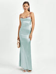 PARTHEA Spaghetti Straps Flower Detail Ruched Satin Elegant Long Dress