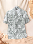 Manfinity RSRT Men's Plus Size Tropical Printed Short Sleeve Casual Holiday Shirt, Button Up Graphic Palm Tree Light Green Shirt For Beach - MapleCo