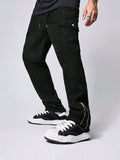 Manfinity EMRG Men's Solid Color Cargo Pants With Pockets And Zipper Hem, Casual Trendy