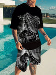 Men's Printed Simple Casual Short Sleeve T-Shirt And Shorts Set For Daily Wear Or Sports