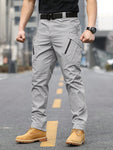 Manfinity Men's Solid Color Drawstring Waist Zipper Pocket Elastic Cuff Casual Pants Tapered Long Cargo Plain Khaki Going Out