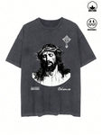 Manfinity ZONE917 Men's Street Retro Style Loose Short-Sleeve T-Shirt With Creative Pattern Of Jesus Portrait, Suitable For Summer.