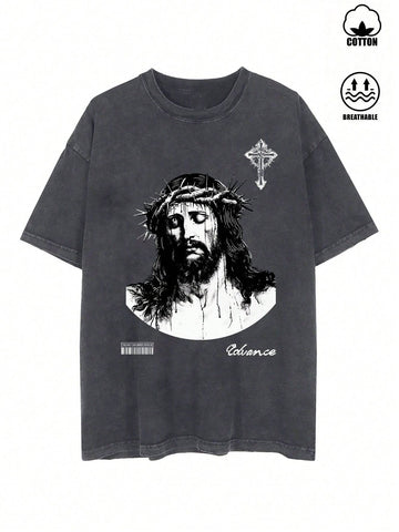 Manfinity ZONE917 Men's Street Retro Style Loose Short-Sleeve T-Shirt With Creative Pattern Of Jesus Portrait, Suitable For Summer.