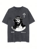 Manfinity ZONE917 Men's Street Retro Style Loose Short-Sleeve T-Shirt With Creative Pattern Of Jesus Portrait, Suitable For Summer.