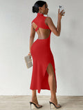 SHEIN Slayr Solid Color Backless Stand Collar Side Slit Bodycon Dress For Summer