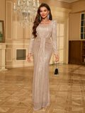 UNITHORSE Sparkly Long Sleeve Cocktail Dress With Square Neckline Elegant Formal Evening Prom Wedding Guest Gown, For Graduation, Dinner