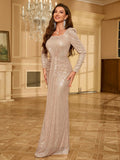 UNITHORSE Sparkly Long Sleeve Cocktail Dress With Square Neckline Elegant Formal Evening Prom Wedding Guest Gown, For Graduation, Dinner