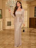 UNITHORSE Sparkly Long Sleeve Cocktail Dress With Square Neckline Elegant Formal Evening Prom Wedding Guest Gown, For Graduation, Dinner