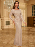 UNITHORSE Sparkly Long Sleeve Cocktail Dress With Square Neckline Elegant Formal Evening Prom Wedding Guest Gown, For Graduation, Dinner