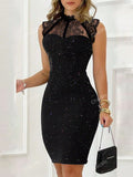 Fashion Sexy Glitter Sequin Lace Panel Bodycon Sleeveless Dress