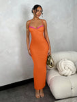 SHEIN BAE Women's Solid Color Long Chest Cup Contrast Tight Mesh Graduation Orange Dress