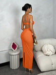 SHEIN BAE Women's Solid Color Long Chest Cup Contrast Tight Mesh Graduation Orange Dress