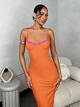 SHEIN BAE Women's Solid Color Long Chest Cup Contrast Tight Mesh Graduation Orange Dress