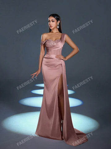 Faeriesty Asymmetrical Neck Mermaid Hem Formal Dress Elegant Prom Evening Wedding Guest Gown, For Graduation, Dinner