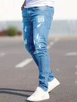 Manfinity LEGND Men Ripped Frayed Skinny Jeans, Plain Dark Blue Slim Fit Long Cargo Jeans, For Husband, Boyfriend Gifts