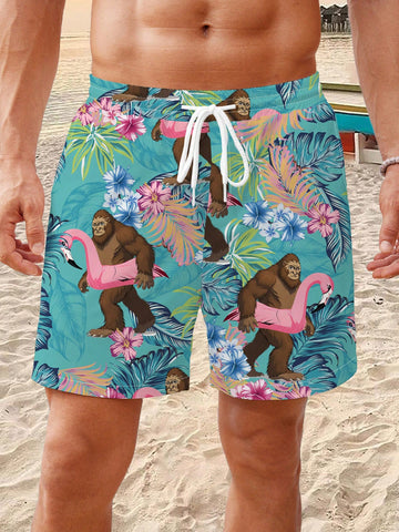 Manfinity RSRT Men's Loose Fit Vacation-Style Shorts With Gorilla And Flamingo Print