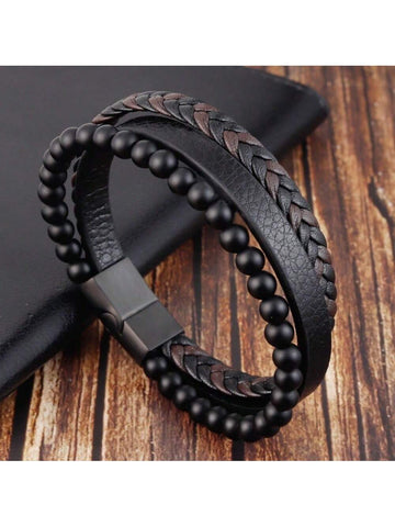 1pc Magnetic Black PU Leather Bracelet For Men: Stylish, Versatile,