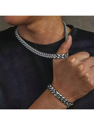 2pcs Stainless Steel Men's Necklace And Bracelet Set, Men's Fashion Accessory