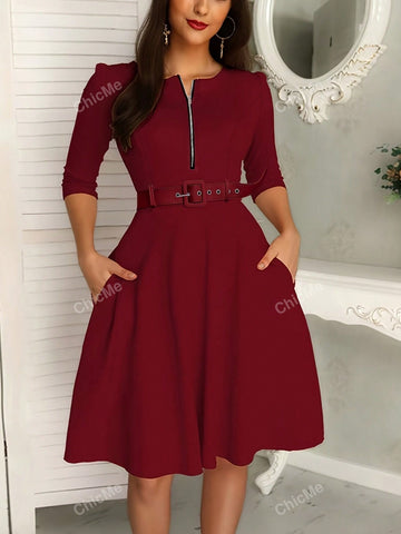 Women's Fashion Solid Color Mid-Sleeve Dress With Chest Zipper Decoration