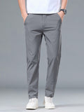 Men's Solid Color Straight Leg Elastic Waist Ice Silk Casual Pants With Pockets - MapleCo