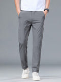 Men's Solid Color Straight Leg Elastic Waist Ice Silk Casual Pants With Pockets - MapleCo