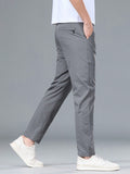 Men's Solid Color Straight Leg Elastic Waist Ice Silk Casual Pants With Pockets - MapleCo