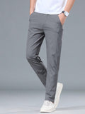 Men's Solid Color Straight Leg Elastic Waist Ice Silk Casual Pants With Pockets - MapleCo