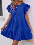 SHEIN Holidaya Women Summer Solid Color Round Neck Loose Babydoll Dress With Ruffle Trim