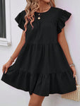 SHEIN Holidaya Women Summer Solid Color Round Neck Loose Babydoll Dress With Ruffle Trim