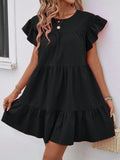 SHEIN Holidaya Women Summer Solid Color Round Neck Loose Babydoll Dress With Ruffle Trim