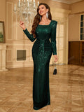 UNITHORSE Sparkly Long Sleeve Cocktail Dress With Square Neckline Elegant Formal Evening Prom Wedding Guest Gown, For Graduation, Dinner