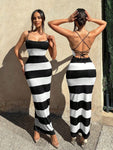 SHEIN Foxxy Women's Clothing Summer Casual Vacation Halter Neckline Outfits Striped Print Crisscross Tie Backless Cami Bodycon Dress